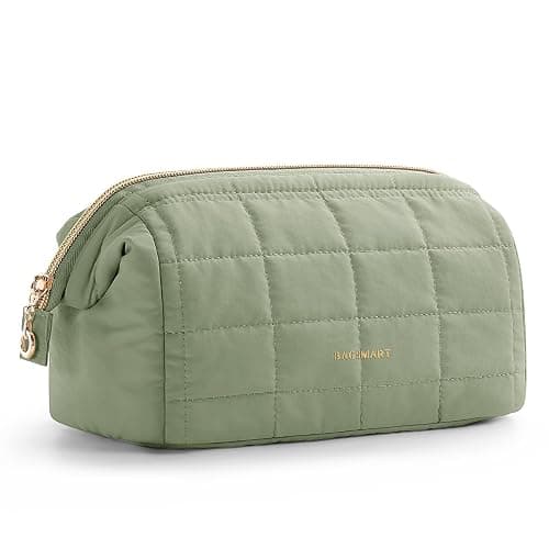 BAGSMART Makeup Bag Travel Cosmetic Bag, Puffy Padded Make Up Bags for Women Makeup Organizer Case, Wide-open Pouch Purse Travel Essentials Toiletries Accessories Brushes, Mossy Green - Image 1
