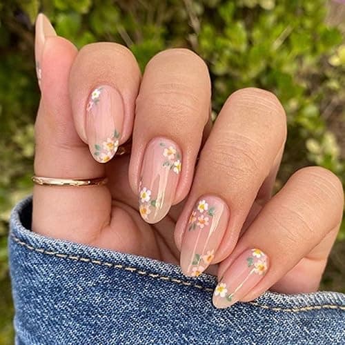 OHWODA Pink Spring Press on Nails Almond Shape Fake Nails with Small Flower Designs Daisy Floral Artificial Nails Medium Length Spring Summer Glue on Nails Flowers Stick on Nails for Women, 24Pcs - Image 1