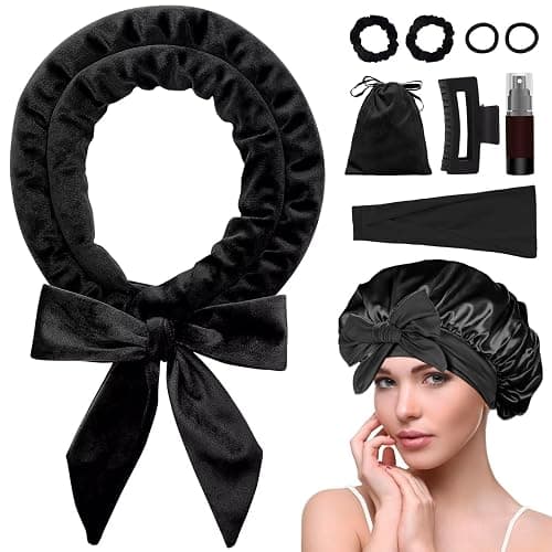 Heatless Curls Overnight Headband,Hair Curlers to Sleep in,No Heat Blowout Rods for Long Hair with Bonnet Sleepy Tie - Black - Image 1