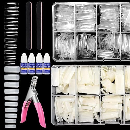 Yokilly 1000PCS Square Nail Tips and Glue, Clear Natural False Acrylic Nail Tips, Half Cover 10 Sizes French Artificial Nail Tips Manicure with Nail Clipper, Nail Files and Glue for Dip Powder Nail Salon, Home DIY - Image 1
