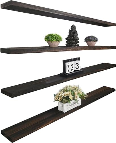YYWUOJJ Wood Floating Shelves for Wall Decor, Rustic Wall Shelves for Bedroom Bathroom Kitchen Living Room, Set of 4 Walnut 48 Inch - Image 1
