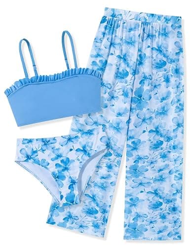 Vogseek 6-16T Girls 3 Pieces Bikini Bathing Suit with Rash Guard Pants Quick Dry Swimwear Cover-Up Sets - Image 1
