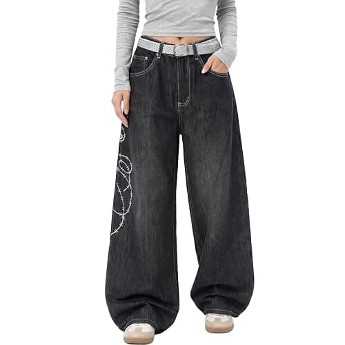 bestshark Baggy Women’s Wide Leg Jeans High Waisted Baggy Denim Pants Loose Fit Y2K Graphic Jeans Black - Image 1