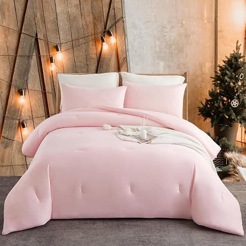 Doimier King Size Comforter Set with Sheets, 4 PCS Super Soft Marshmallow Comforter, Pink Bed Set (1 Fluffy Comforter 1 Deep Pocket Fitted Sheet 2 Pillow Shams), Lightweight for All Seasons - Image 1
