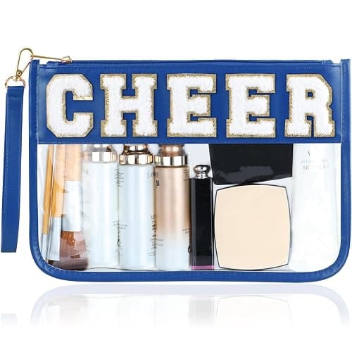 BuyCard Cheer Chenille Letter Bags Clear Makeup Bag, Cheerleader Gifts Cosmetic Bag, Varsity Preppy Patch Flat Pouch Cheer Accessories, Waterproof PVC Organizer Toiletry Bag for Women Girls Navy Blue - Image 1