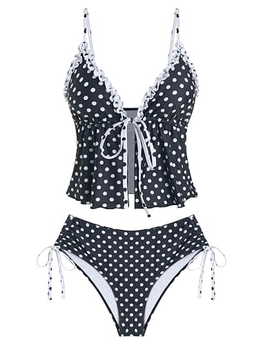 ZAFUL Tankini Swimsuits for Women Smocked Ruffles Tie Front Bowknot Textured High Cut Tanga Tankini Set - Image 1