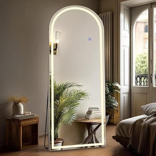DUMOS Arched Full Length Mirror Lighted, 20"x63" LED Floor Standing Mirror | LED Lights 3 Color Lighting and Shatterproof Tempered Glass, Wall Hanging or Leaning, Floor Standing, Modern Home Decor - Image 1