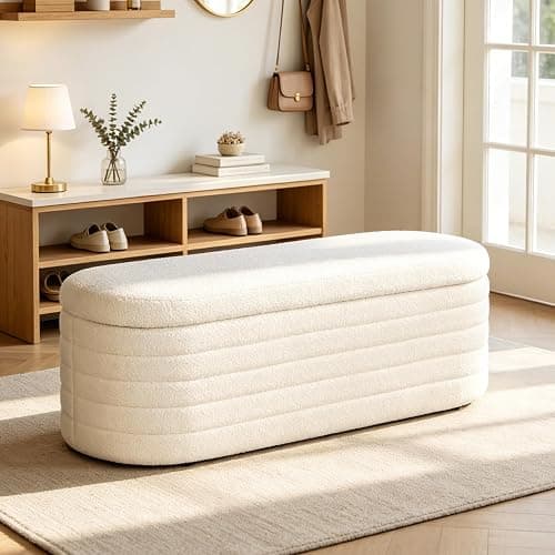 Dolift 45.5-inch Modern Teddy Sherpa Storage Ottoman Bench, Upholstered Fabric Bench for Bedroom End of Bed, Oval White Boucle Storage Ottoman for Living Room, Entryway, Small Apartment - Image 1