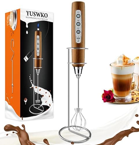 YUSWKO Wood Grain Handheld Milk Frother Wand with Stand for Coffee, Rechargeable Electric Whisk with 3 Heads 3 Speeds Drink Mixer Coffee Frother For Latte, Cappuccino, Hot Chocolate, Egg - Image 1