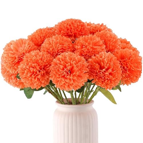 Hananona 12 Pcs Artificial Chrysanthemums Flowers Marigolds Ball Flower, Orange Fake Mums Silk Fall Flowers for Autumn Dia de Los Muertos Home Decor Day of The Dead Table Centerpiece (12, Orange) - Image 1