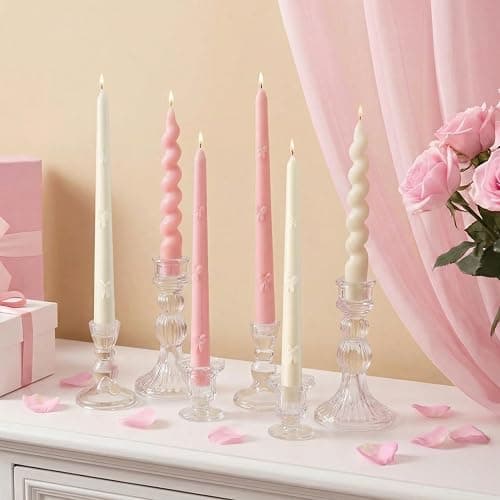 Nuanchu 6 Pcs Pink Bow Taper Candles 3D Pink Coquette Decoration Twisted Candlesticks Decor Bow Twisted Candles for Coquette Birthday Baby Shower Wedding Bachelorette Supplies - Image 1