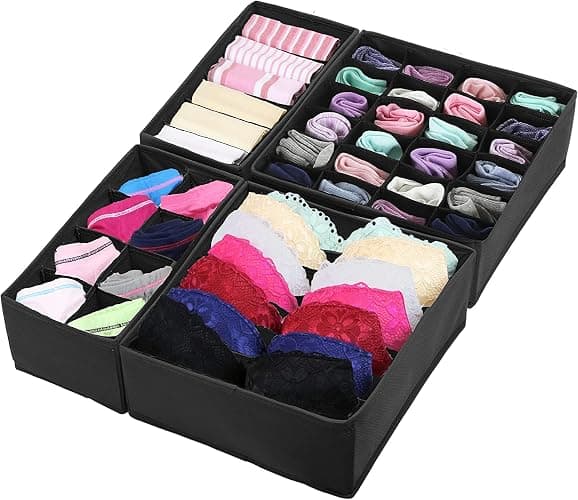 Simple Houseware Closet Underwear Organizer Drawer Divider 4 Set, Black - 1 Pack of 6/7/8/24 Compartment - Black - Image 1