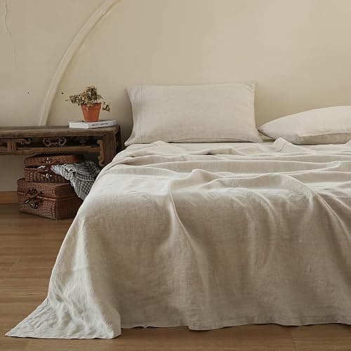 Simple&Opulence 100% Linen Sheet Set with Embroidery Stone Washed 4 Pieces (1 Flat Sheet & 1 Fitted Sheet & 2 Pillowcases) Natural French Flax Soft Breathable Bedding (Queen, Linen) - Image 1