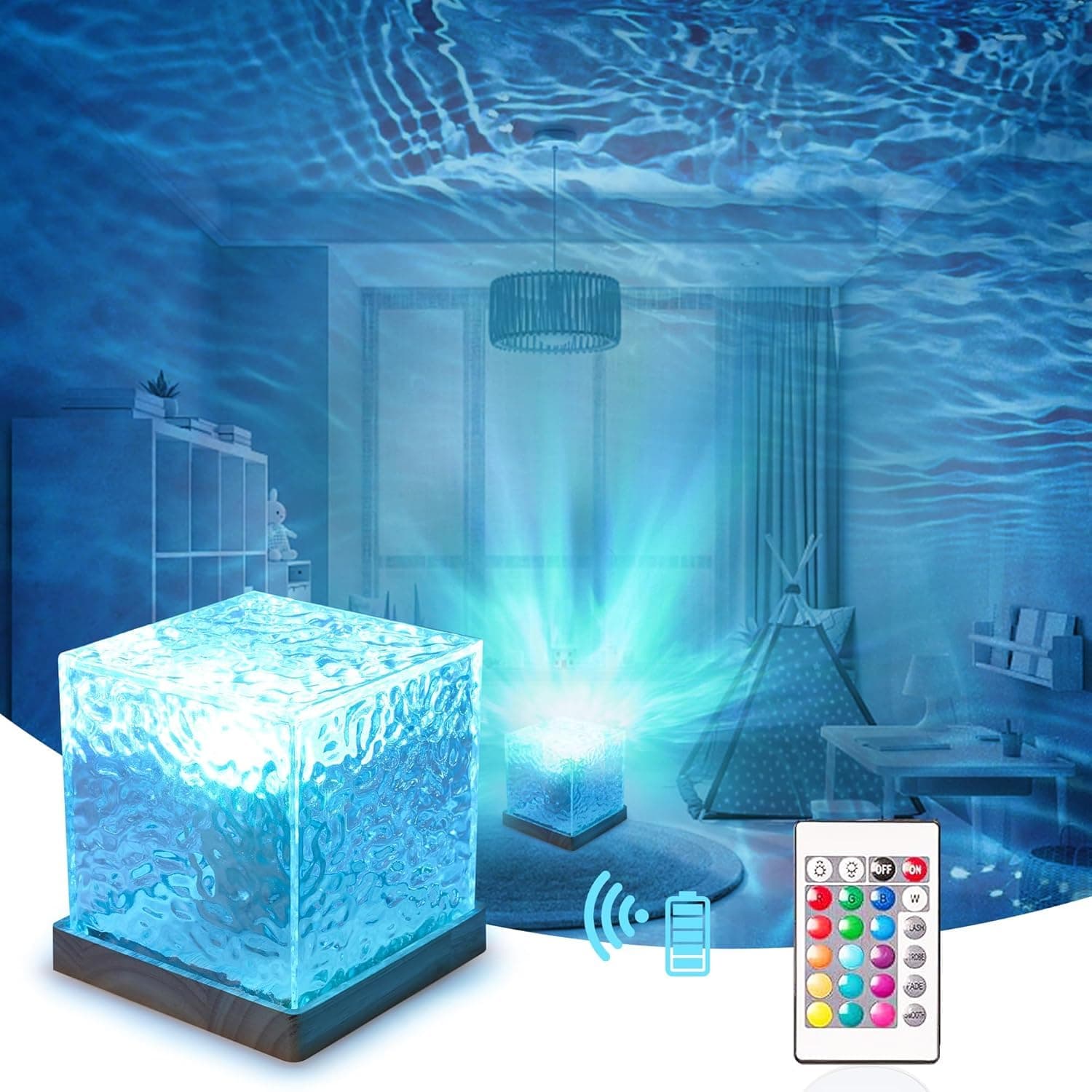 LED Aurora lamp, Water Ripple Projection lamp, Wave Projection lamp with Remote Control, 16 Colours Gradient Rotating Flame Crystal lamp, Romantic Atmosphere Spotlight for Bedroom, bar (Square) - Image 1