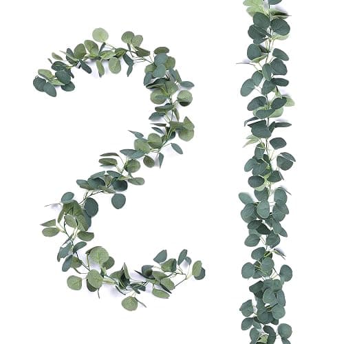 2 Pack Artificial Eucalyptus Garland Faux Silk Leaf Silver Dollar Eucalyptus Leaves Vines Handmade Garland Greenery Wedding Backdrop Indoor Outdoor Arch Wall Decoration - Image 1