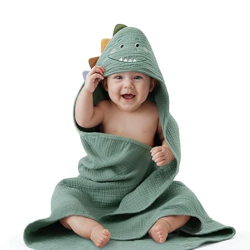 Blissful Diary Muslin Baby Hooded Towel, Soft and Absorbent Bath Towel for Newborn, Infant, Toddler, Unisex, 32″x32″ - Roguish Dino - Image 1