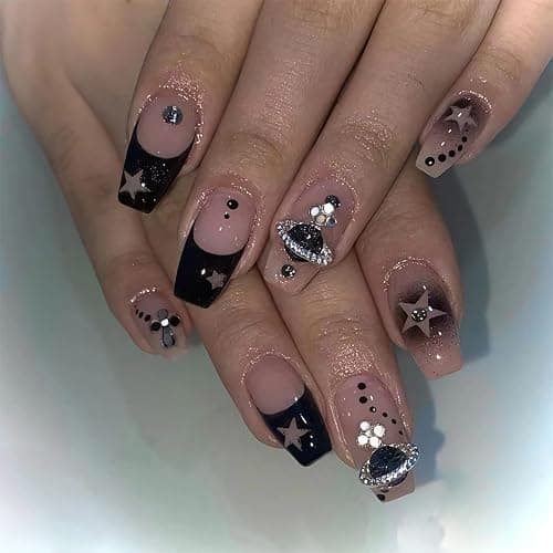 BABALAL Press on Nails Medium Coffin Gothic Y2K Planet Star Fake Nails | Rhinestone, with Charm, Halloween, Edgy Alt Style - Image 1