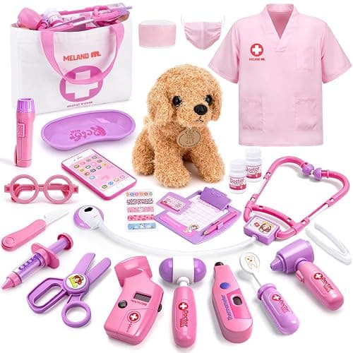Meland Toy Doctor Kit for Girls, Pretend Play Toy Doctor Set with Dog , Carrying Bag, Stethoscope & Dress Up Costume Gift for Kids Toddlers Ages 3 4 5 6 Year Old for Role Play - Image 1