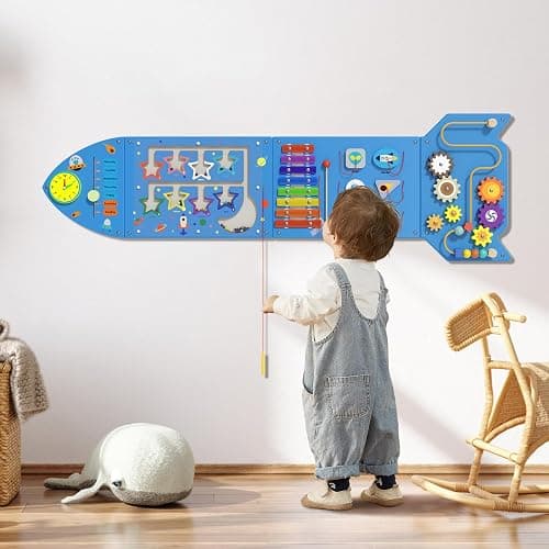 Spacocld Rocket Activity Wall Busy Board Panels - Sensory Wall Panel for Kids, Montessori Toddler Wall Activity Board, Wall Toys for Toddlers 3, Activity Cube, Wall Activity Boards, Blue(4PCS) - Image 1