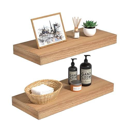 INHABIT UNION Oak Floating Shelves Wood for Wall 15.7in Wall Mounted Display Ledge Shelves Perfect for Bedroom, Bathroom, Living Room and Kitchen Decoration Storage (Set of 2) - Image 1