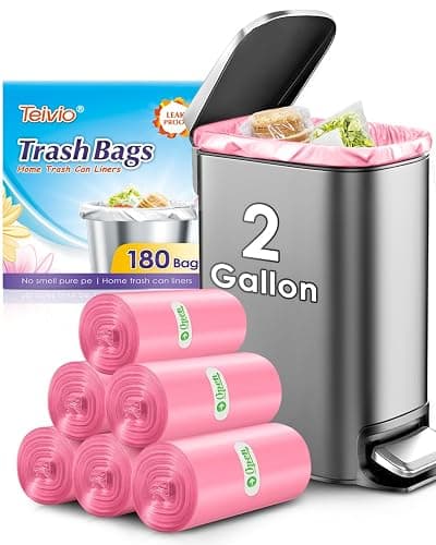 Teivio 2 Gallon 180 Counts Strong Trash Bags Garbage Bags, Bathroom Trash Can Bin Liners, Plastic Bags for home office kitchen, Pink - Image 1