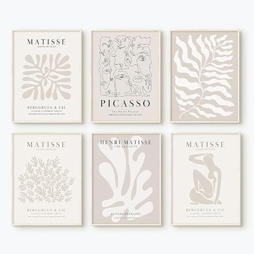 Youillne Henri Matisse Wall Art Prints Flower Abstract Canvas Pictures Aesthetic Beige Wall Art Decor Matisse Picasso Poster Gallery Vintage Painting Artwork for Bedroom 8x10 Inch Unframed Set of 6 - Image 1