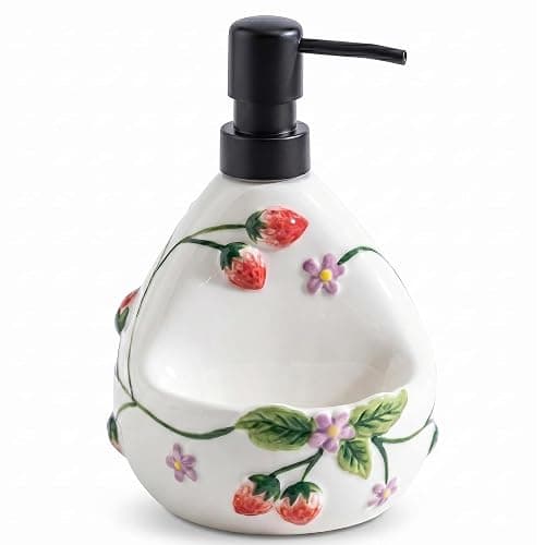 Ceramoira Strawberry Soap Dispenser with Sponge Holder for Countertop, 20oz | Artisanal Handmade, 2-in-1 Cute Lotion Pump, Ceramic Liquid Dispenser & Caddy Combo for Kitchen & Bathroom - Image 1