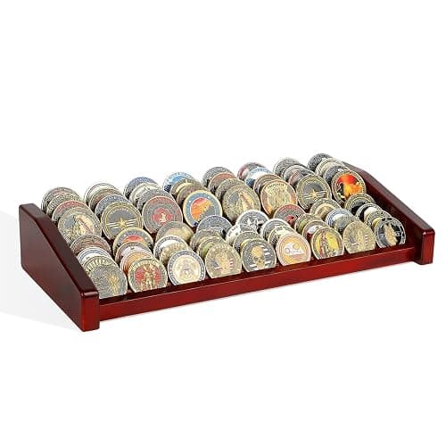 DecoWoodo Challenge Coin Holder Display Case - 2 Tiers Solid Wood Military Coin Rack for 60-70 Coins, Army Coin Stand for Desk Display, Mahogany - Image 1