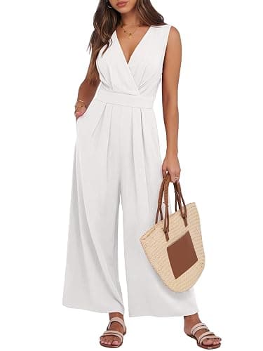 ANRABESS Women Jumpsuits Sleeveless V Neck Elegant Dressy Casual Backless One Piece Pants Romper 2025 Summer Outfits - White - Small - Image 1