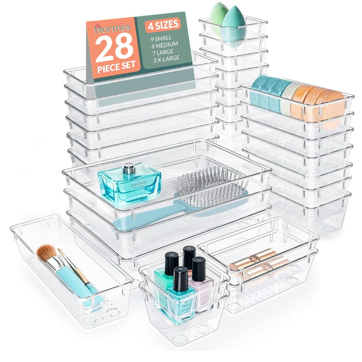 Hormes 28pcs Drawer Organisers Set, 4 Sizes Clear Plastic Drawer Organizer & Vanity Organiser for Makeup & Jewelry Storage, Kitchen Utensils & Gadgets, Desk Supplies, Bathroom & Bedroom Organisation - Image 1