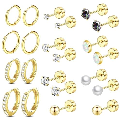 Surgical Steel Flat Back Earrings Set for Multiple Piercing Sensitive Ears,Sterling Silver Hypoallergenic Small Cartilage Huggie Hoop Earrings Titanium Tiny CZ Pearl Opal Stud Earrings for Women - Image 1