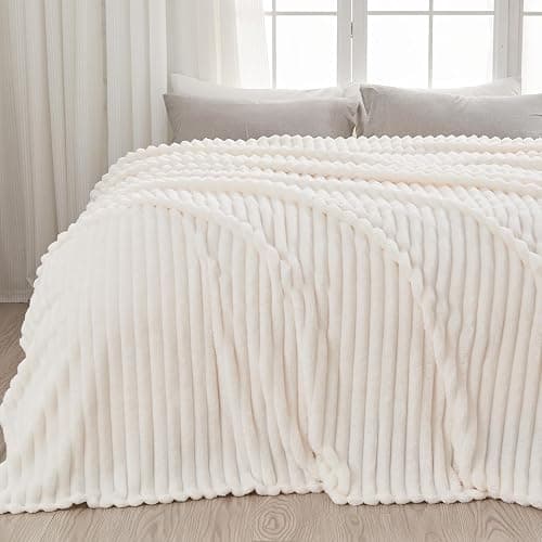 Super Soft Queen Blanket Ivory Premium Silky Flannel Fleece 3D Ribbed Jacquard Lightweight Bed Blanket All Season Use (Ivory Ribbed, Queen(90"x90")) - Image 1