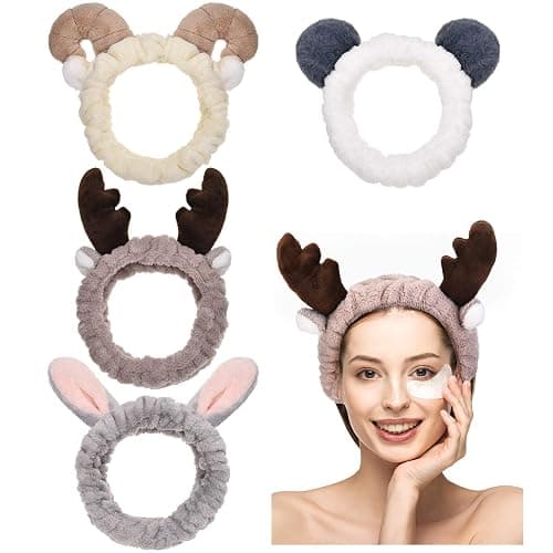 Chuangdi 4 Pcs Animal Headbands with Ears Cute Face Washing Spa Fuzzy Headband for Women Elastic Turban Hair Bands Shower Head Wraps Facial Headband for Christmas Party Gifts - Image 1