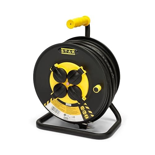 Stak REELART-FR-25 Enrouleur electrique professionnel, water proof IP44 cable 25m en caoutchouc 3G2.5m㎡ pour chantier, bricolage, jardin. 4 Prises, chassis acier, Noir - Image 1