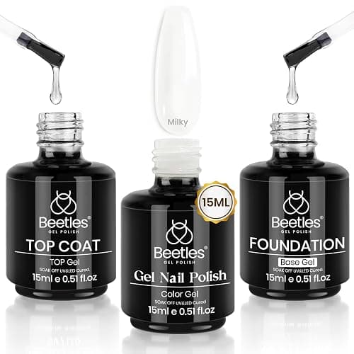 Beetles Milky White Gel Nail Polish No Wipe Gel Top Coat and Base Coat Set 3Pcs 15ml, Nude Jelly Color Long Lasting, Soak Off U V LED Nail Art Design for Women - Image 1