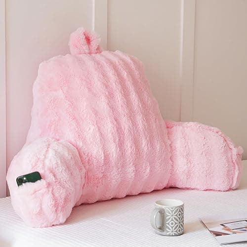 Yaoshuho Faux Fur Reading Pillow for Sitting in Bed, Large Backrest Bed Pillow with Arms, Back Support Pillow for Lounging Bedrest, Pink - Image 1