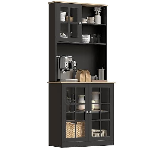 HOMCOM Kitchen Pantry Storage Cabinet, 72" Freestanding Cabinet with Hutch, Large Countertop, Glass Doors and Adjustable Shelves for Dining Room, Black - Image 1