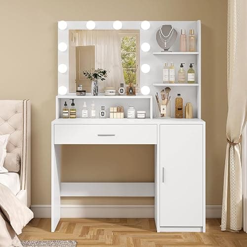 Quimoo Makeup Vanity Desk with Mirror & Lights, Vanity Desk with 5 Drawers & Storage Shelves, Vanity Table, 3 Color Modes & Adjustable Brightness Dressing Table, Bedroom, White - Image 1
