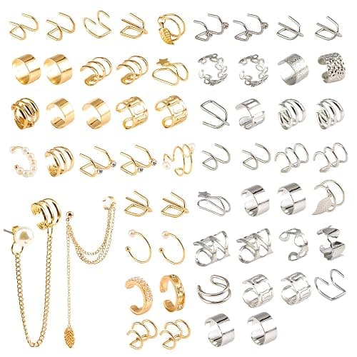 Sdfvsdg 60 Pcs Ear Cuff Earrings for Women Non Piercing Helix Cartilage Silver Gold Plated Clip on Earrings Ear Wrap Earring for Sensitive Ears Women Men Fake Earring Set - Image 1