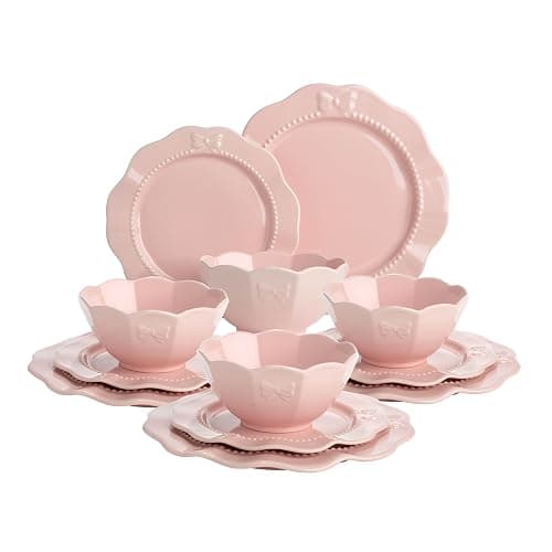 Paris Hilton 12-Piece Dinnerware Set, Embossed Bow Design, Iconic Ceramic Stoneware Service for 4 with Dinner Plates, Salad Plates, and Bowls, Microwave & Dishwasher Safe, Pink - Image 1