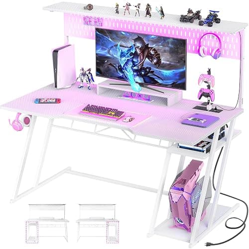 Armocity 53'' White Gaming Desk with Hutch and LED Lights, Gaming Computer Desk with Storage Shelves & Z-Shaped Legs, Reversible PC Game Desk with Pegboard for Bedroom, Carbon Fiber Surface - Image 1