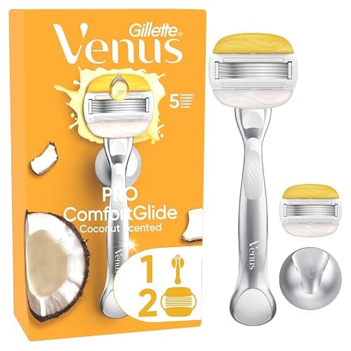 Gillette Venus Pro ComfortGlide Rasoio Da Donna, Al Profumo Di Cocco, 2 Lamette Di Ricambio, Manico In Metallo Riutilizzabile E Gancio Per Doccia - Image 1