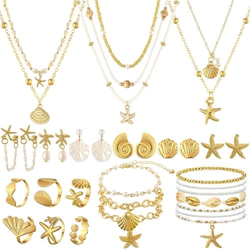 Tondiamo 23 Pcs Seashell Starfish Jewelry Set Boho Summer Beach Mermaid Accessories Layered Charm Necklace Earrings Studs Bracelets Rings for Women Holiday Vacation Wedding Party Gift - Image 1