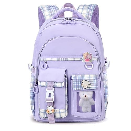 PRLINJSK Girls Backpack,Cute School Backpack for Girls Kids Teens,Kawaii Bookbag for Primary Elementary,Purple - Image 1