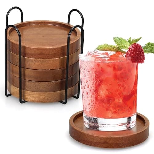 6 Pcs Best Wooden Coasters with Holder Coffee Table Decor Acacia Wood Coaster Set Modern Cup Coaster for Drink Home Dining Table Kitchen Accessories Cute Beer Bar Decorative Rustic Outdoor Coasters - Image 1