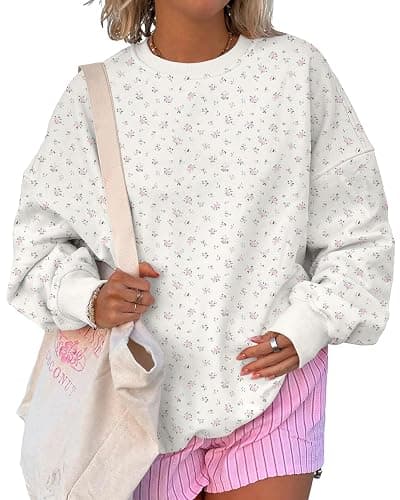 Cioatin Women Oversized Ditsy Floral Crewneck Sweatshirt Lightweight Fleece Drop Shoulder Pullover Y2K Aesthetic Fall Outfits - Image 1