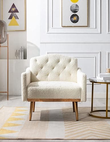 KINFFICT Modern Accent Chair, Upholstered Single Sofa Arm Chair for Living Room and Bedroom, Comfy Armchair with Solid Tapered Metal Legs, White - Image 1