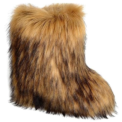 Popchrio Women's Faux Fur Boots Furry Mid Calf Fur Boots Comfortable Outdoor Flat Shoes Winter Warm Plush Surface Snow Boots - Image 1
