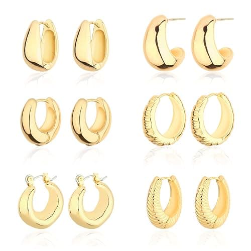 Wgoud Chunky Hoop Earrings Set 14K Gold Plated Hoop Earrings for Women Hypoallergenic, Thick Twisted Huggie Hoops Earring Set - Image 1