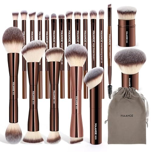 MAANGE 20 PCS Foundation Makeup Brush Set, Double-ended Kabuki Contour Brush for Liquid Powder Concealer Blending Blush Face Makeup Tools (Coffee) - Image 1